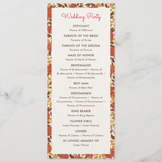ほこりっぽいブラントオレンジ牡丹の花秋の結婚式 プログラム (裏面)
