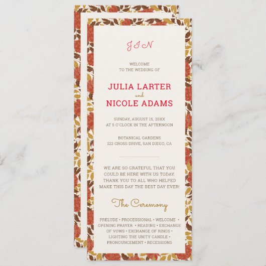 ほこりっぽいブラントオレンジ牡丹の花秋の結婚式 プログラム (正面/裏面)