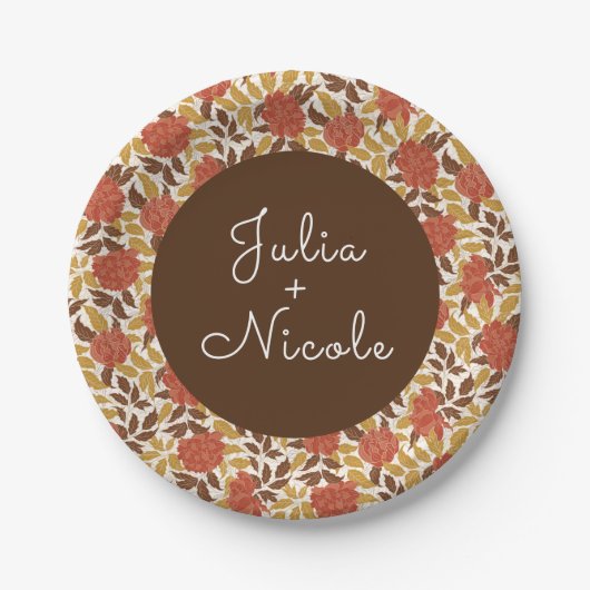 ほこりっぽいブラントオレンジ牡丹の花秋の結婚式 ペーパープレート (正面)