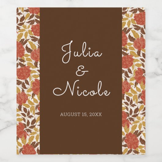 ほこりっぽいブラントオレンジ牡丹の花秋の結婚式 ワインラベル (シングルラベル)