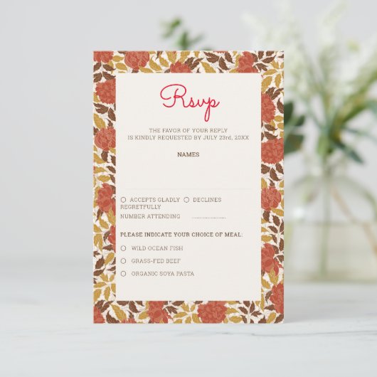 ほこりっぽいブラントオレンジ牡丹の花秋の結婚式 出欠カード (スタンド正面)