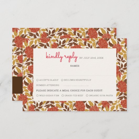 ほこりっぽいブラントオレンジ牡丹の花秋の結婚式 出欠カード (正面/裏面)