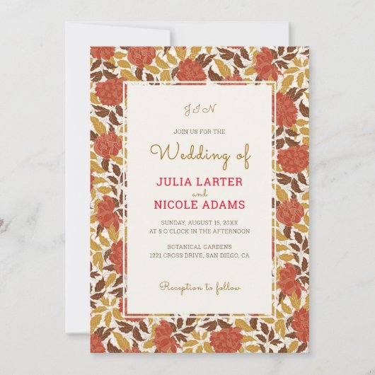 ほこりっぽいブラントオレンジ牡丹の花秋の結婚式 招待状 (正面)