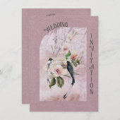 ほこりっぽいブルゴーニュ結婚ーの花と鳥 招待状 (正面/裏面)