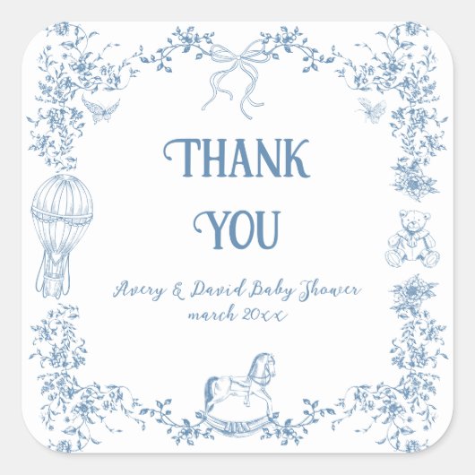 ほこりっぽいブルーお洒落フローラベビースシャワー スクエアシール (正面)