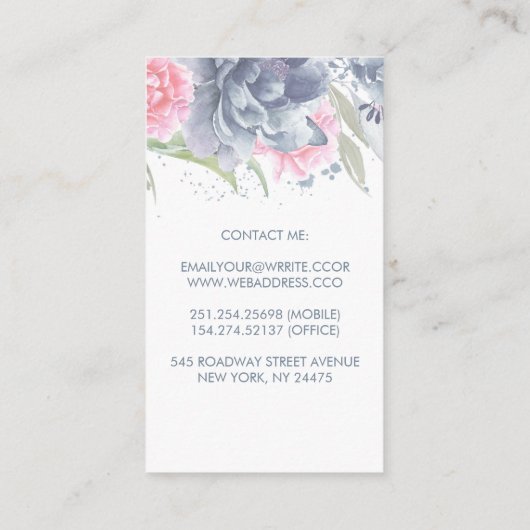 ほこりっぽいブルーとソフトピンクの水色のフローラ エレガント 名刺 (裏面)