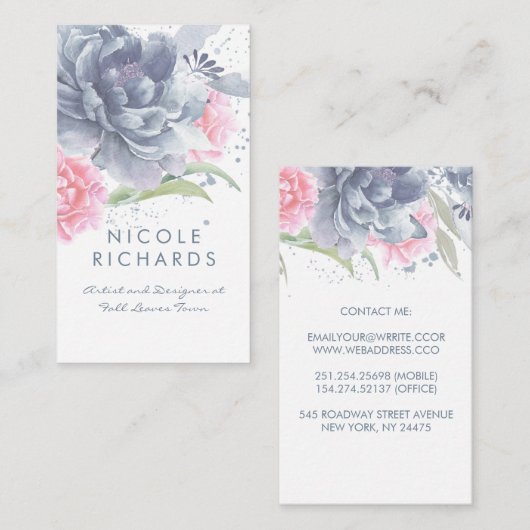 ほこりっぽいブルーとソフトピンクの水色のフローラ エレガント 名刺 (正面/裏面)
