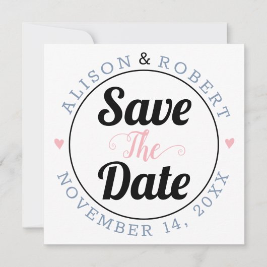 ほこりっぽいブルーとピンクのタイポグラフィの写真を背面に セーブザデート (正面)