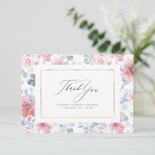 ほこりっぽいブルーとピンクのフローラエレガントスモールサンキュー サンキューカード