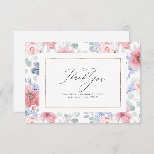 ほこりっぽいブルーとピンクのフローラエレガントスモールサンキュー サンキューカード (正面/裏面)