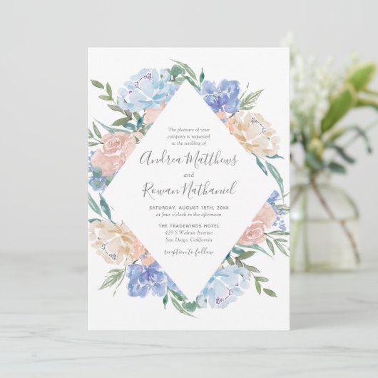 ほこりっぽいブルーとピンクのフローラフレームウェディング招待 セーブザデート (スタンド正面)