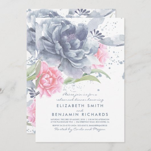 ほこりっぽいブルーとピンクのフローラリハーサルディナー 招待状 (正面/裏面)