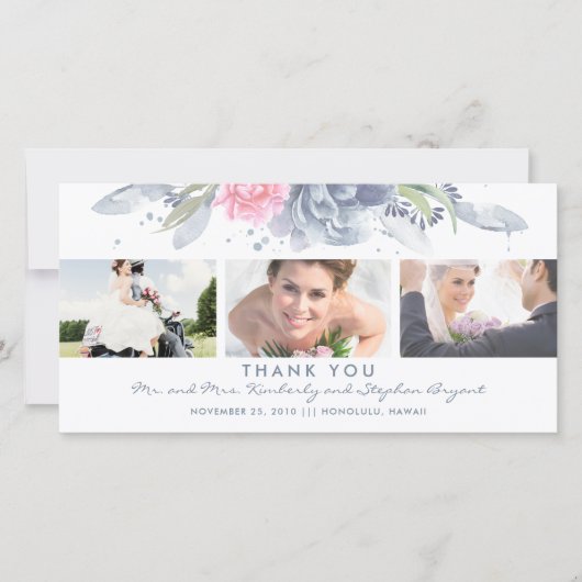 ほこりっぽいブルーとピンクのフローラ結婚が感謝 サンキューカード (正面)