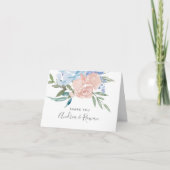 ほこりっぽいブルーとピンクのフローラ結婚ズ サンキューカード (正面)
