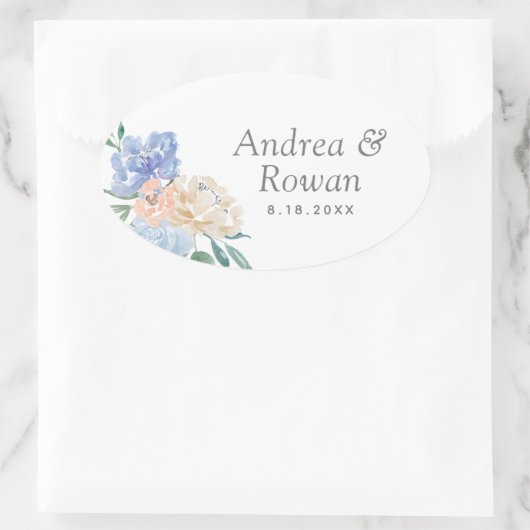 ほこりっぽいブルーとピンクのフローラ結婚ズ 楕円形シール (バッグ)