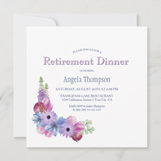ほこりっぽいブルーとピンクのフローラ退職夕食パーティー 招待状 (正面)