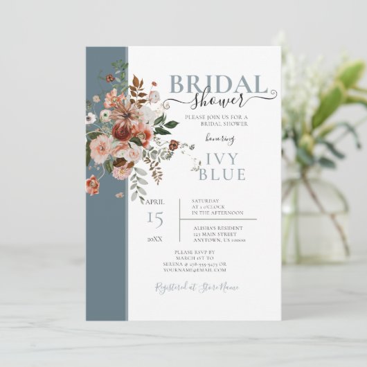 ほこりっぽいブルーとピンクフローラブライダルシャワー 招待状 (スタンド正面)