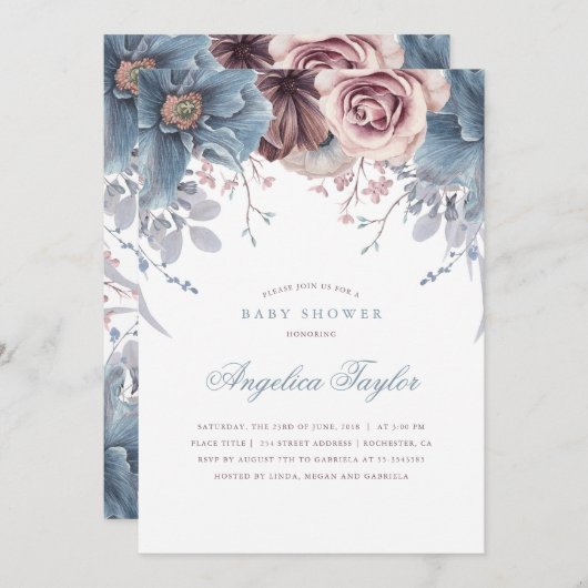 ほこりっぽいブルーとメイヴフローラ赤ちゃんシャワー 招待状 (正面/裏面)