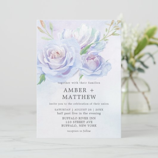 ほこりっぽいブルーとラベンダー絵を描牡丹結婚式の招待 (スタンド正面)