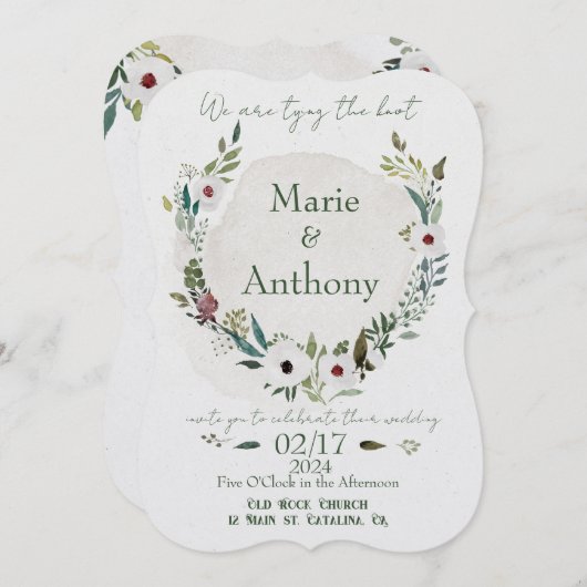 ほこりっぽいブルーとワインウォーターのカラー花模様 招待状 (正面/裏面)