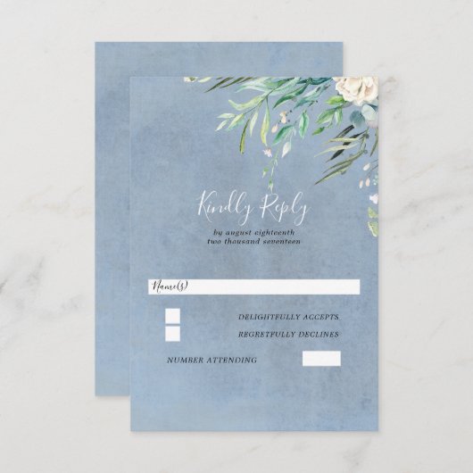 ほこりっぽいブルーと緑の結婚式RSVP 出欠カード (正面/裏面)
