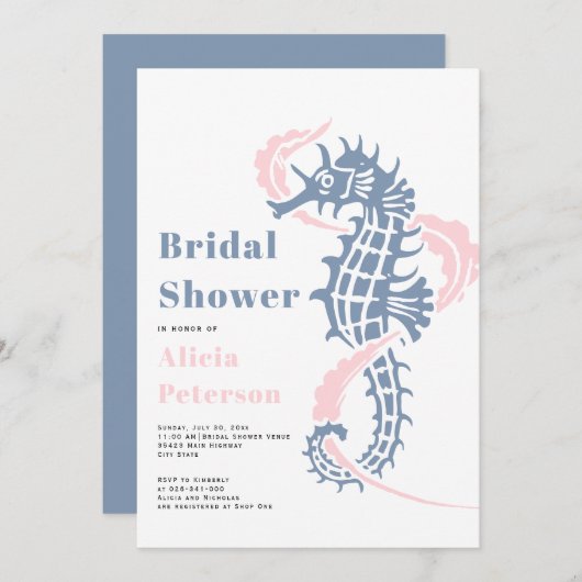 ほこりっぽいブルーと赤面のシーホースビーチブライダルシャワー 招待状 (正面/裏面)