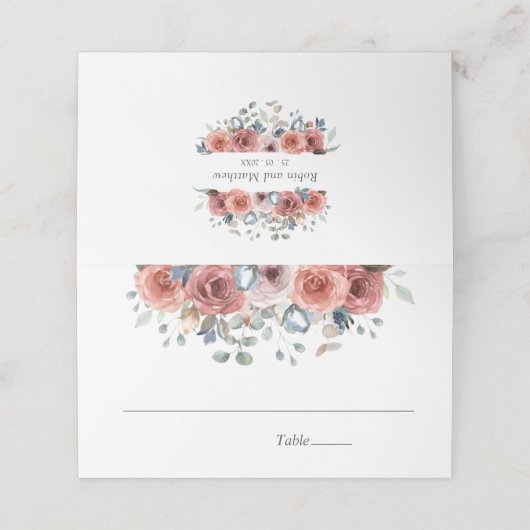 ほこりっぽいブルーと赤面の至福フローラ結婚ズ プレイスカード (外部開封)