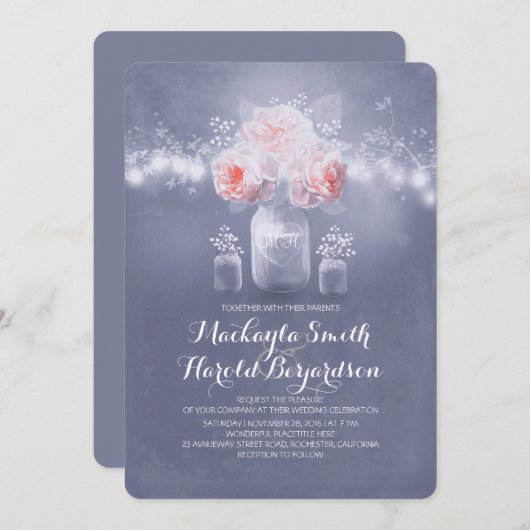 ほこりっぽいブルーと赤面ピンクフローラメイスンジャー結婚ズ 招待状 (正面/裏面)