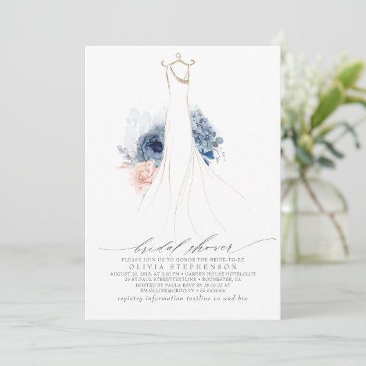 ほこりっぽいブルーと赤面フラワードレスブライダルシャワー 招待状 (スタンド正面)