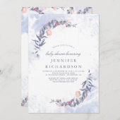 ほこりっぽいブルーと赤面フローラベビーシャワー 招待状 (正面/裏面)