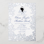 ほこりっぽいブルーと銀箔エレガントな結婚式 箔招待状 (正面)