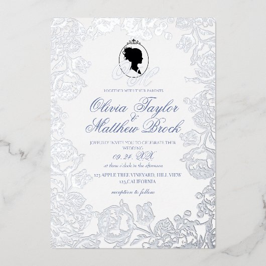 ほこりっぽいブルーと銀箔エレガントな結婚式 箔招待状 (正面)