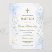 ほこりっぽいブルーのミニマリストスペインの洗礼 招待状 (正面/裏面)