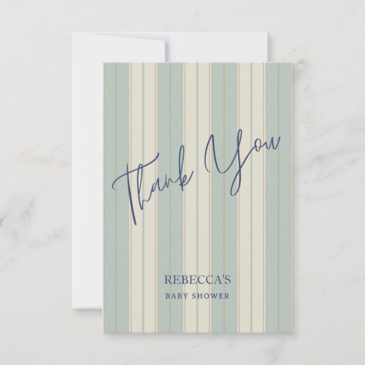 ほこりっぽいブルーのレトロストライプヴィンテージの赤ちゃんシャワー サンキューカード (正面)
