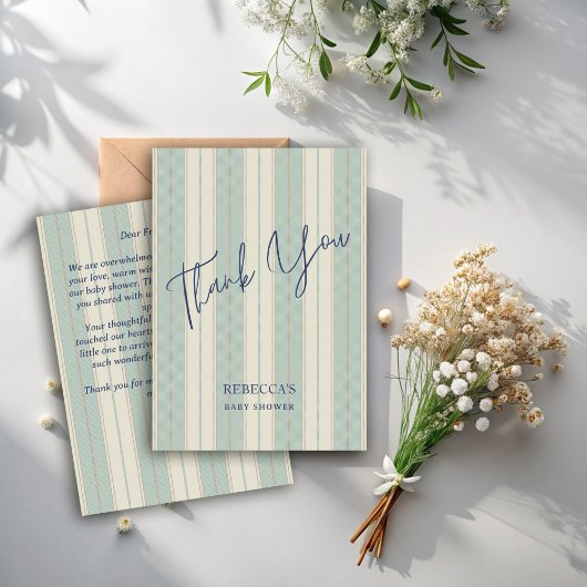 ほこりっぽいブルーのレトロストライプヴィンテージの赤ちゃんシャワー サンキューカード