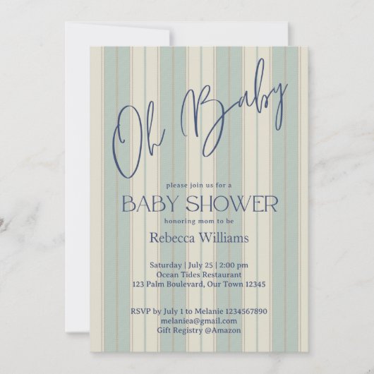 ほこりっぽいブルーのレトロストライプヴィンテージの赤ちゃんシャワー 招待状 (正面)