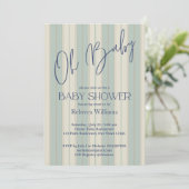 ほこりっぽいブルーのレトロストライプヴィンテージの赤ちゃんシャワー 招待状 (スタンド正面)
