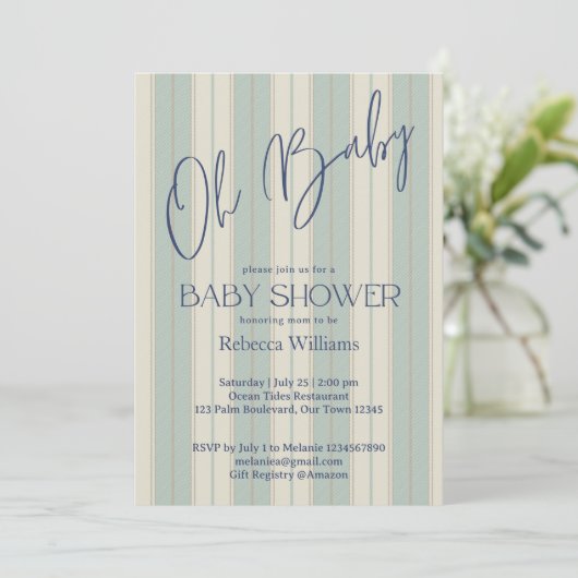 ほこりっぽいブルーのレトロストライプヴィンテージの赤ちゃんシャワー 招待状 (スタンド正面)