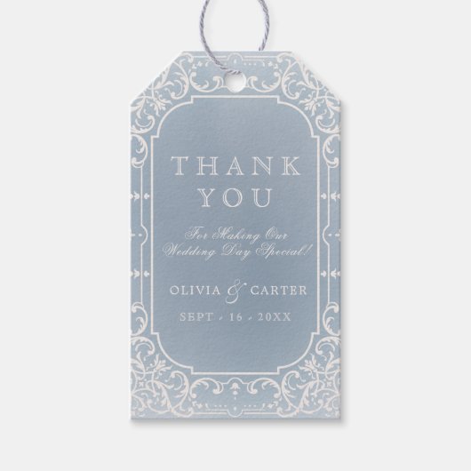 ほこりっぽいブルーのロマンチックなヴィンテージ感謝していウェディングユー ギフトタグ (正面)