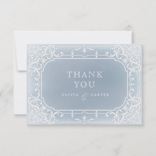 ほこりっぽいブルーのロマンチックなヴィンテージ感謝していウェディングユー サンキューカード (正面)