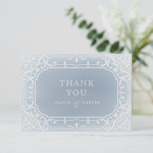 ほこりっぽいブルーのロマンチックなヴィンテージ感謝していウェディングユー サンキューカード (スタンド正面)