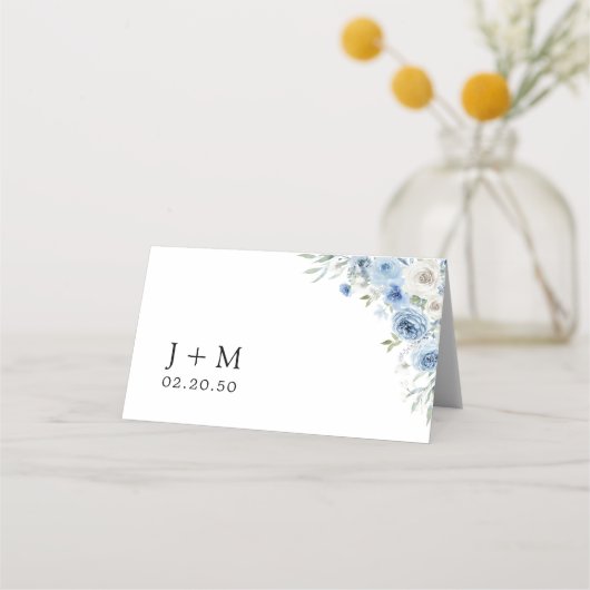 ほこりっぽいブルーアイボリーウェディングプレイスカード プレイスカード (裏面)