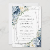 ほこりっぽいブルーアイボリークリームフローラシルバージオメトリック 招待状 (正面)