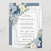 ほこりっぽいブルーアイボリークリームフローラシルバージオメトリック 招待状 (正面/裏面)