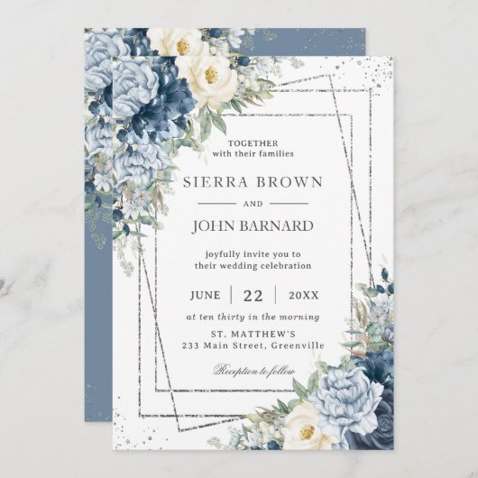 ほこりっぽいブルーアイボリークリームフローラシルバージオメトリック 招待状 (正面/裏面)