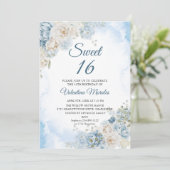 ほこりっぽいブルーアイボリーバラ花Sweet sixteen16 招待状 (スタンド正面)