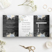 ほこりっぽいブルーアイボリーフローラオールインワン結婚ウッド 三つ折り招待状