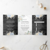 ほこりっぽいブルーアイボリーフローラオールインワン結婚ウッド 三つ折り招待状 (内部)