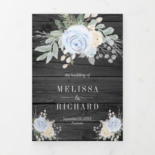 ほこりっぽいブルーアイボリーフローラオールインワン結婚ウッド 三つ折り招待状 (カバー)