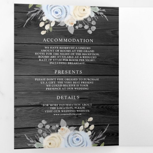 ほこりっぽいブルーアイボリーフローラオールインワン結婚ウッド 三つ折り招待状 (内部最初)